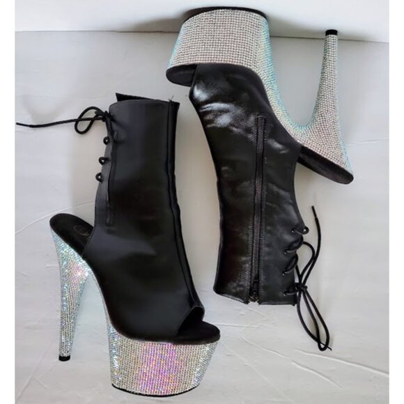 Pleaser Rhinestone Platform Stiletto Bootie Peeptoe Shoe Sz 7 Exotic Dancer Pole - Picture 3 of 13